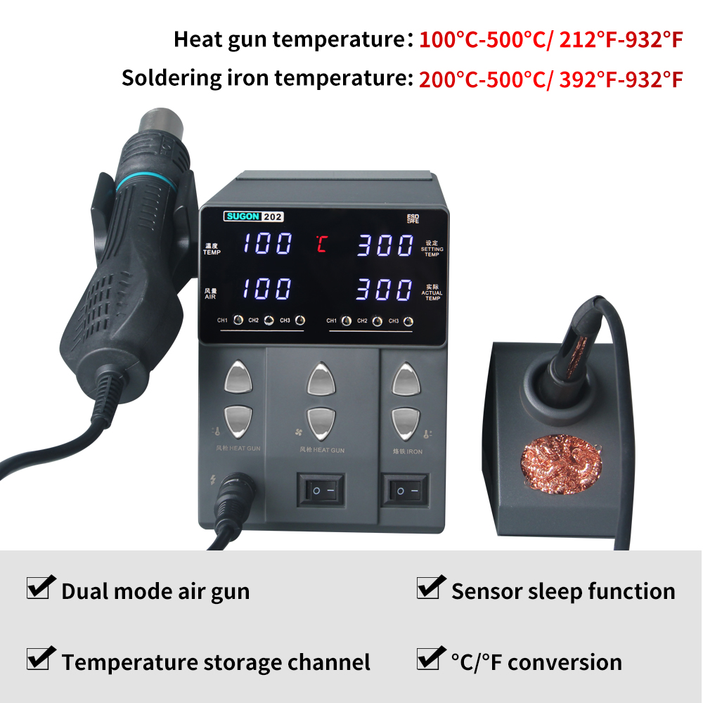 SUGON-202 760W 2 IN 1 Solderin - Smd Rework Station Hot Air Soldering 2 In 1 ulasan dan harga